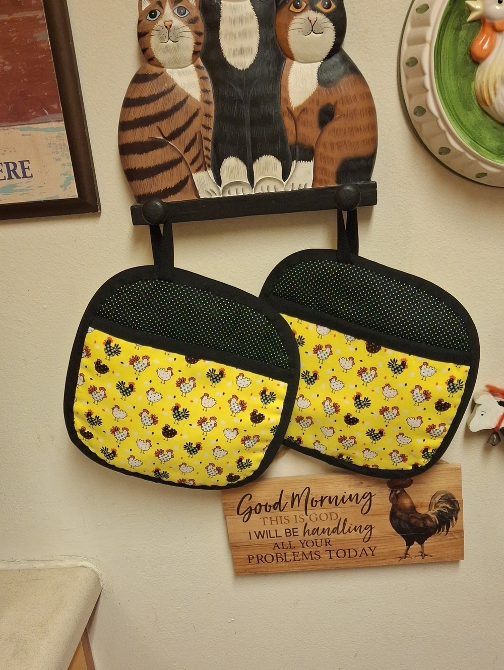Yellow Chicken Print Pot Holders - Set of 2